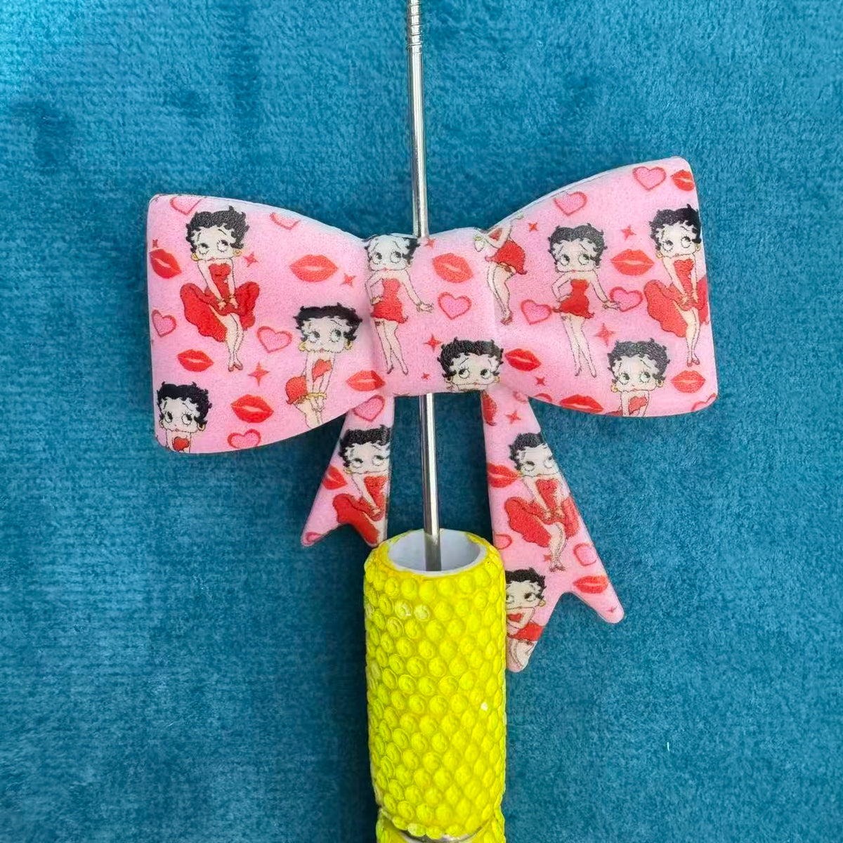 Silicone Focal Beads Soft Bowtie with Cute Old Girl Pattern,50mm*60mm