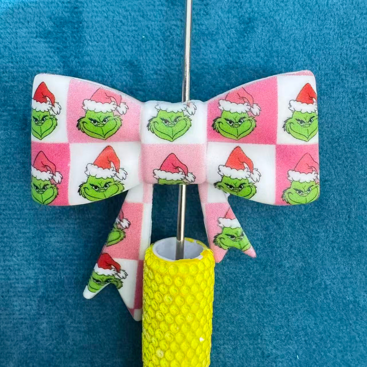 Pink White Check Green Character in Christmas Cartoon Print Silicone Focal Beads Soft Bowtie,50mm*60mm