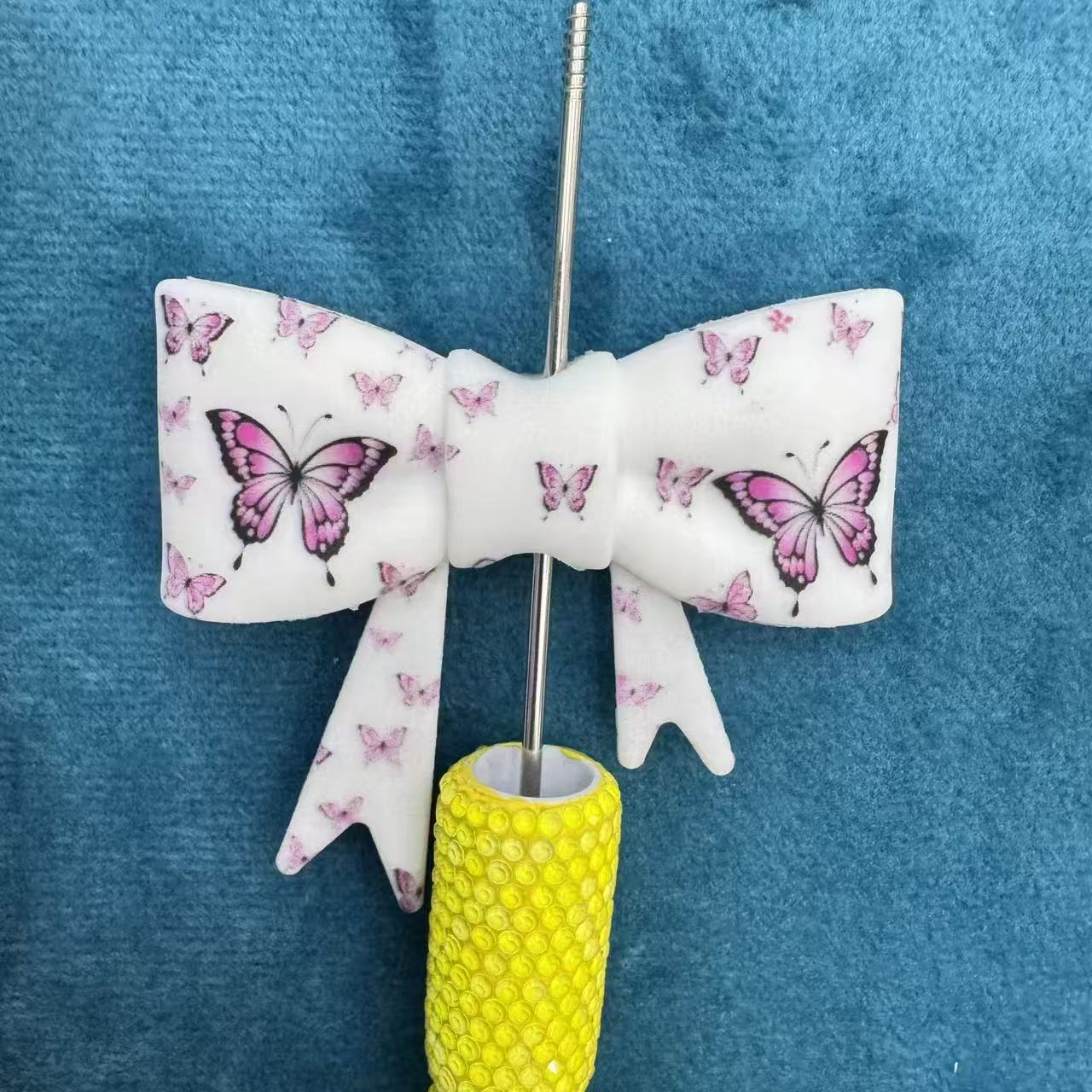 Silicone Focal Beads Soft Bowtie with Pink Butterfly Prints, 50mm*60mm
