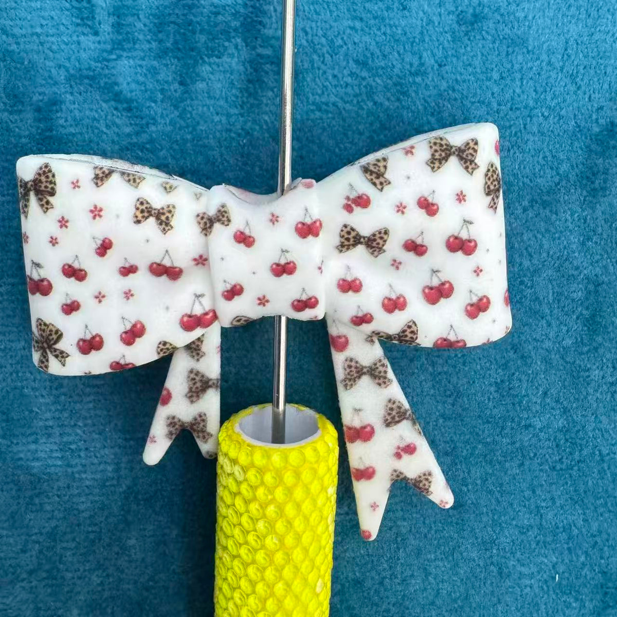 Soft Bowtie with Cherry and Leopard Mini Bow Printed Silicone Focal Beads,50*60MM