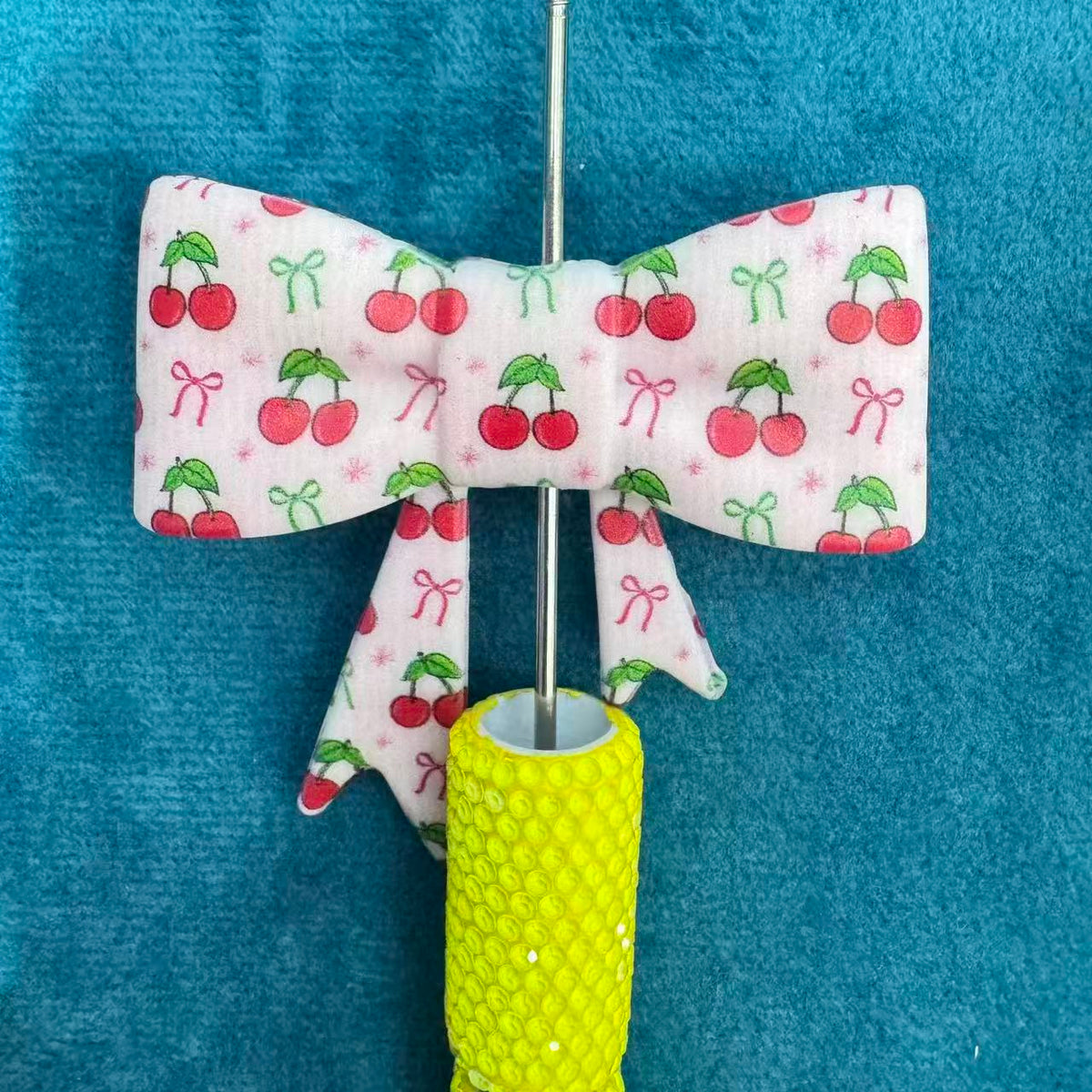 Silicone Focal Beads Soft Bowtie with Cherry & Tiny Bow Prints, 50*60MM