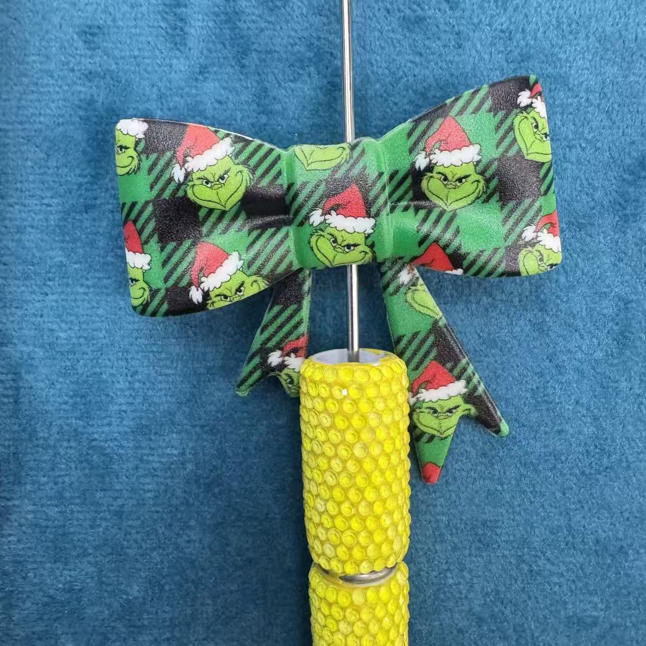 Soft Bowtie with Christmas Green Character Santa Hat Printed Silicone Focal Beads, 50*60MM