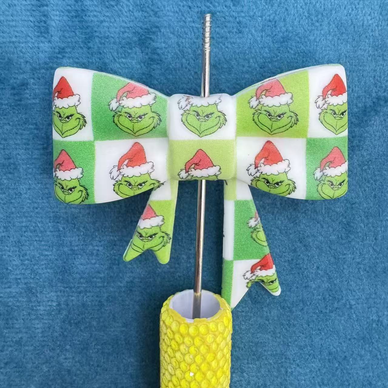 Green‑White Check Christmas Cartoon Green Character Print Silicone Focal Beads Soft Bowtie,50mm*60mm