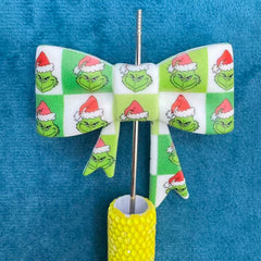 Green‑White Check Christmas Cartoon Green Character Print Silicone Focal Beads Soft Bowtie,50mm*60mm