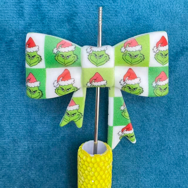 Green‑White Check Christmas Cartoon Green Character Print Silicone Focal Beads Soft Bowtie,50mm*60mm