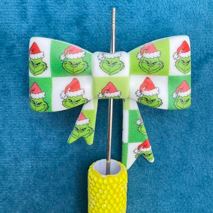 Green‑White Check Christmas Cartoon Green Character Print Silicone Focal Beads Soft Bowtie,50mm*60mm