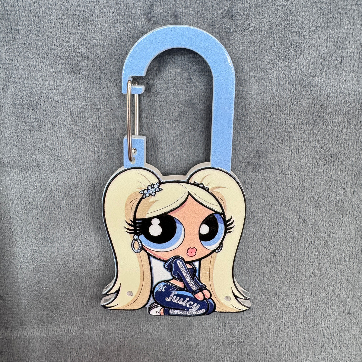 Y2K Juicy Couture Blonde Girl Acrylic Carabiner Keychain, Cute Powerpuff Style Cartoon Bag Charm, Key Ring Clip Accessories