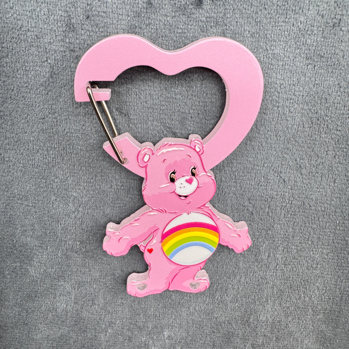 Cute Care Bears Cheer Bear Acrylic Heart Carabiner Keychain, Pink Rainbow Belly Bear Bag Charm, Key Ring Clip Accessories