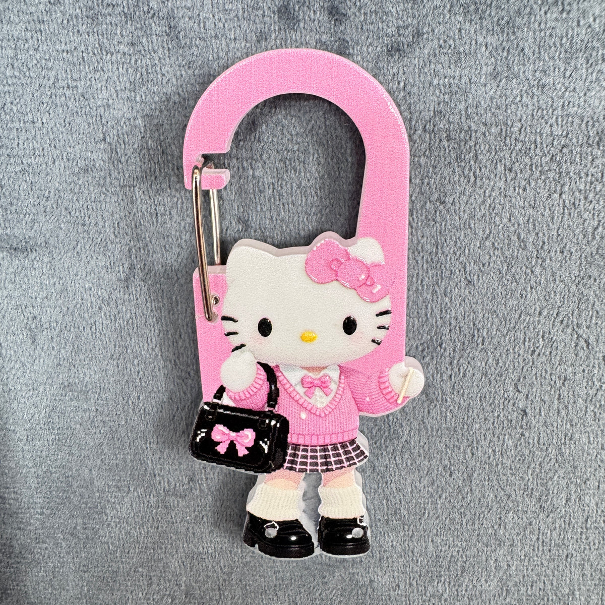 Cute Hello Kitty School Uniform Acrylic Pink Carabiner Keychain, Sanrio Kawaii Preppy Outfit & Handbag Bag Charm, Key Ring Clip Accessories