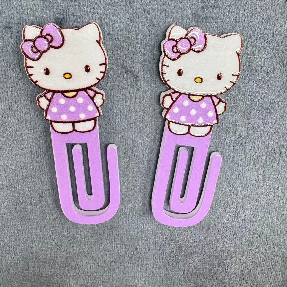 Cute Hello Kitty Purple Acrylic Paper Clip Bookmark Set, Sanrio Kawaii Kitty Purple Polka Dot Dress & Bow Stationery Accessories, Page Marker Clip for Office & School