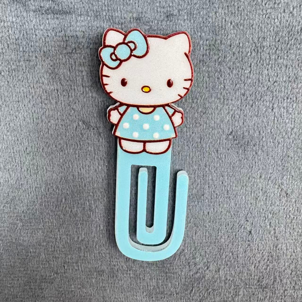 Cute Hello Kitty Light Blue Acrylic Paper Clip Bookmark Set, Sanrio Kawaii Kitty Light Blue Polka Dot Dress & Bow Stationery Accessories, Page Marker Clip for Office & School