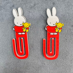 Cute Miffy Holding Yellow Teddy Bear Acrylic Paper Clip Bookmark Set, Kawaii White Bunny Red Dress Stationery Accessories, Page Marker Clip for Office & School