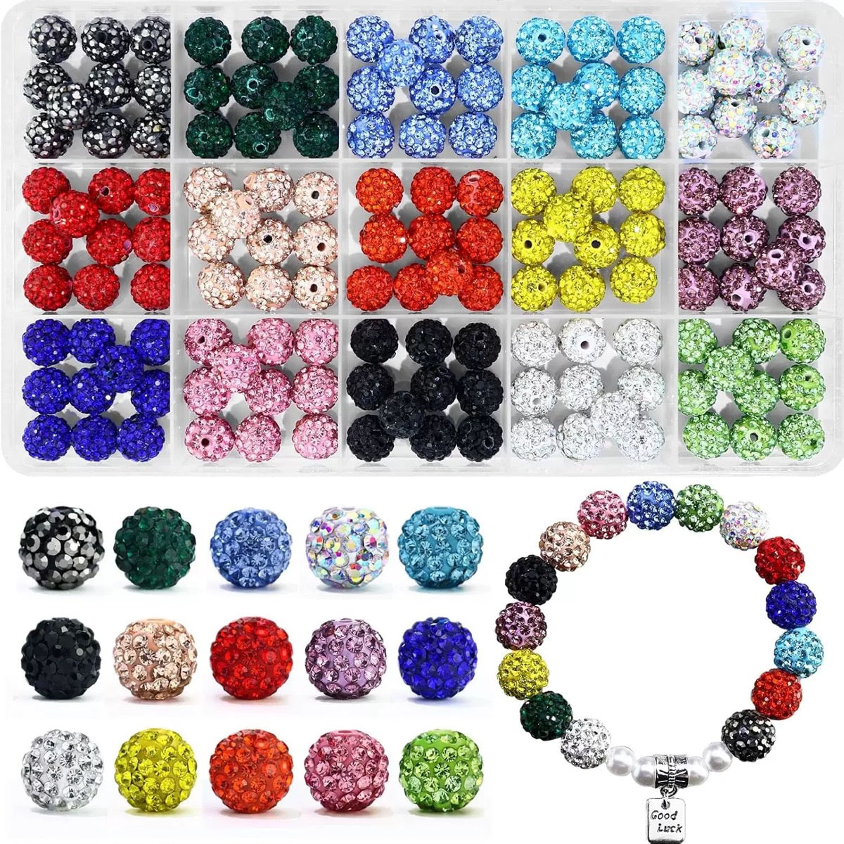 12MM Assorted Mixed Colors Bling Rhinestone Disco Ball Beads Set, Sparkly Crystal Clay Pave Round Spacer Beads for DIY Jewelry Making, Beadable Pens, Keychains & Craft Accessories