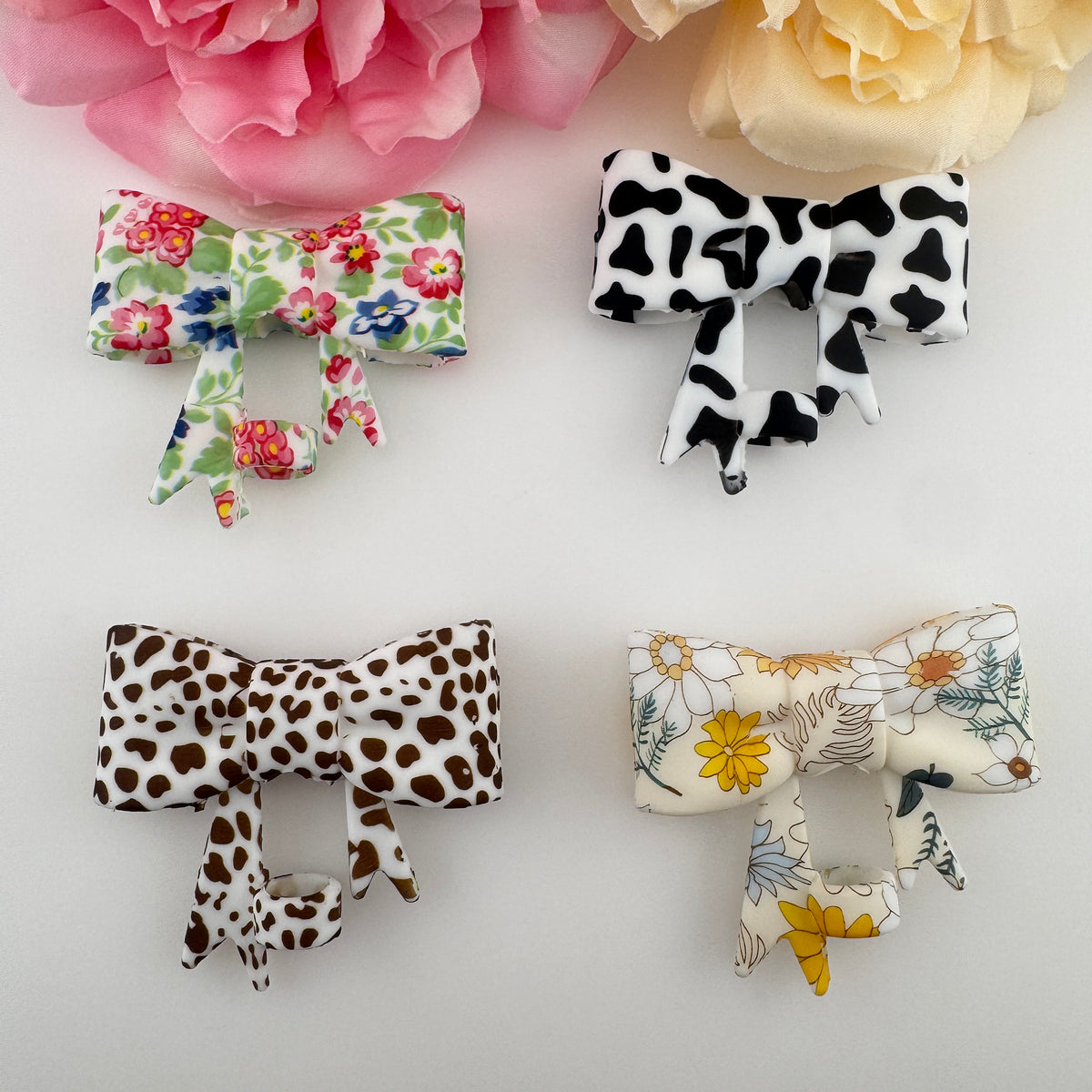 Cute Bowknot Pattern Straw Topper Silicone Cover Set, Floral, Cow Print & Leopard Designs Dust-Proof Straw Tip Protector Caps, Reusable Drinking Straw Accessories for Stanley Cups & Tumblers