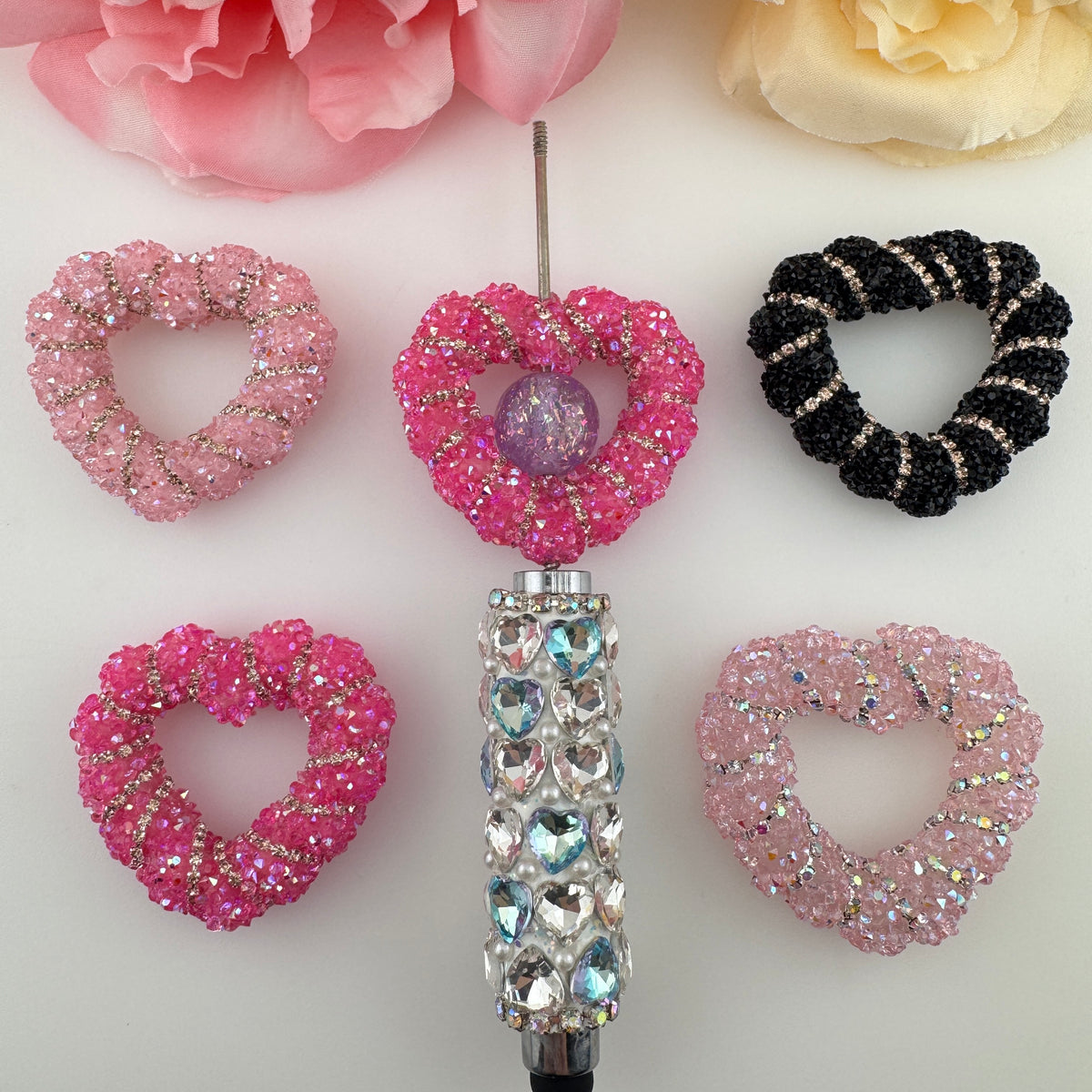 FS20778-Bling Rhinestone Hollow Heart Pen Topper Charms Set, Sparkly Crystal Pave Spiral Twisted Open Heart Focal Beads for DIY Beadable Pens, Keychains & Craft Accessories
