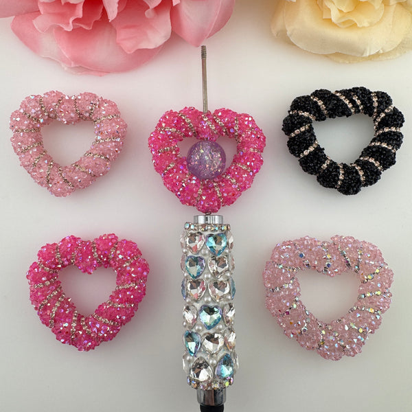 FS20778-Bling Rhinestone Hollow Heart Pen Topper Charms Set, Sparkly Crystal Pave Spiral Twisted Open Heart Focal Beads for DIY Beadable Pens, Keychains & Craft Accessories