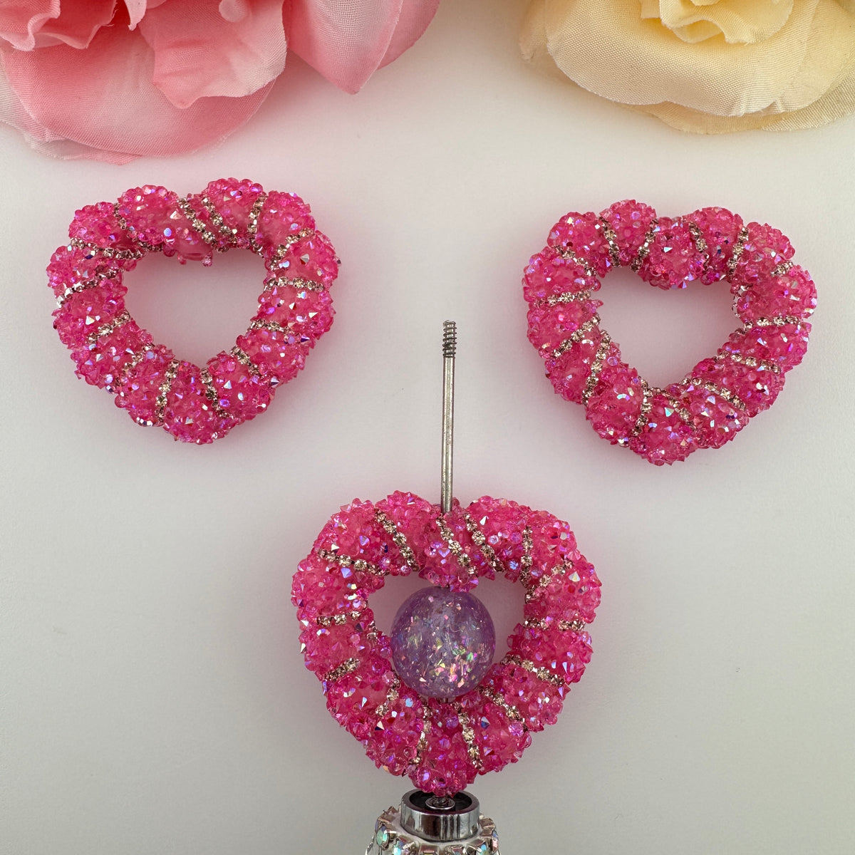 FS20778-Bling Rhinestone Hollow Heart Pen Topper Charms Set, Sparkly Crystal Pave Spiral Twisted Open Heart Focal Beads for DIY Beadable Pens, Keychains & Craft Accessories