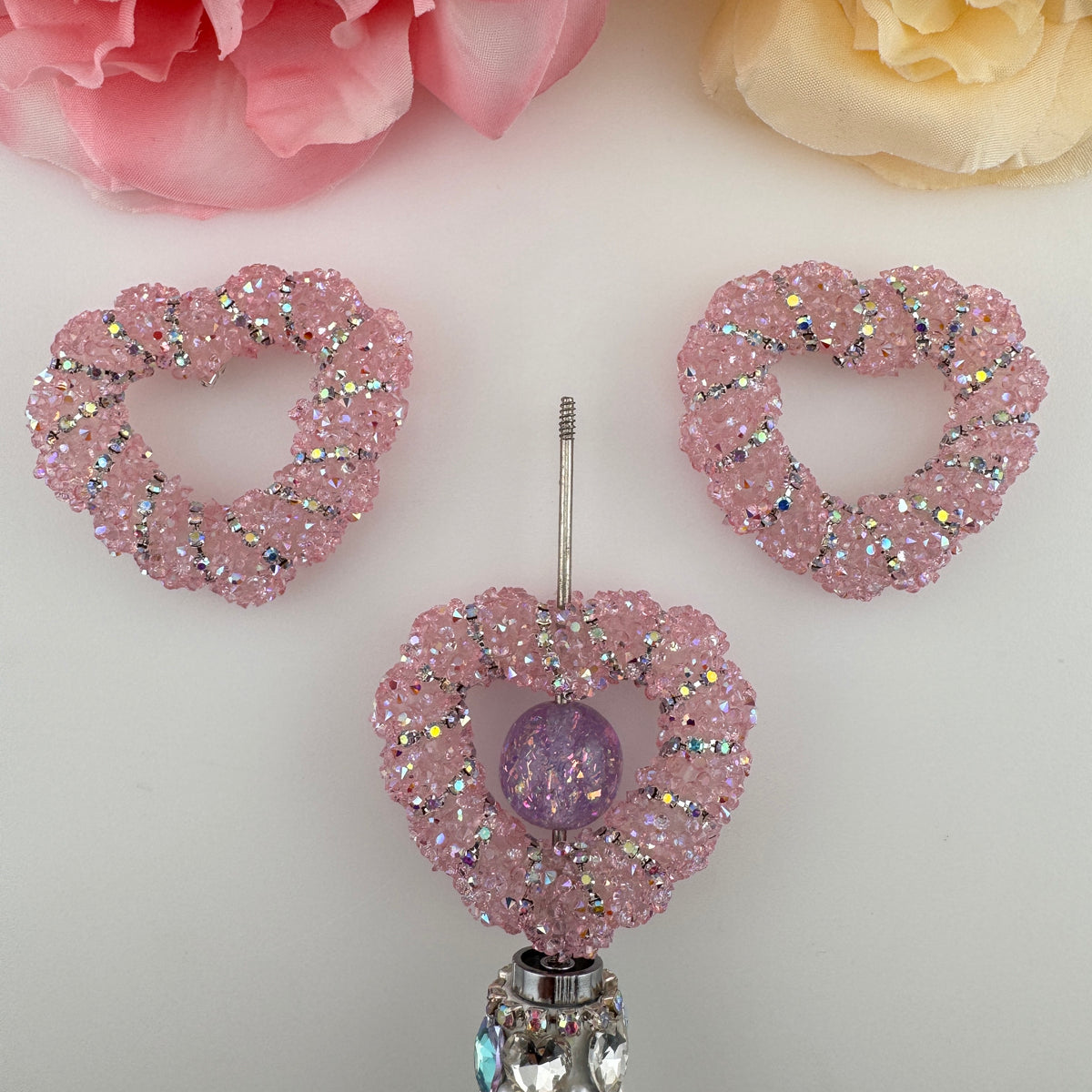 FS20778-Bling Rhinestone Hollow Heart Pen Topper Charms Set, Sparkly Crystal Pave Spiral Twisted Open Heart Focal Beads for DIY Beadable Pens, Keychains & Craft Accessories