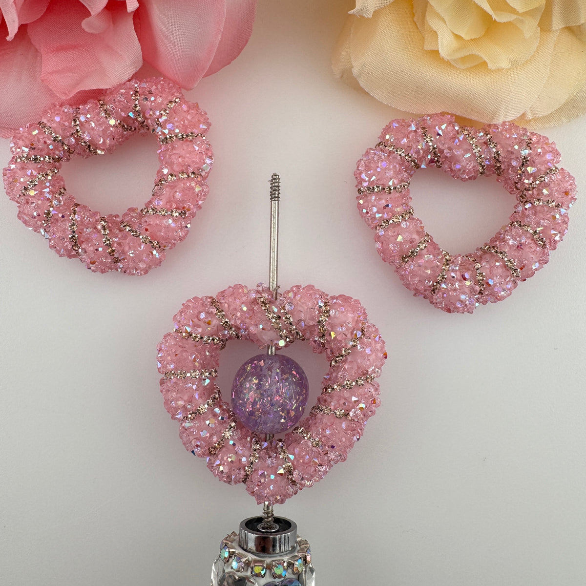 FS20778-Bling Rhinestone Hollow Heart Pen Topper Charms Set, Sparkly Crystal Pave Spiral Twisted Open Heart Focal Beads for DIY Beadable Pens, Keychains & Craft Accessories