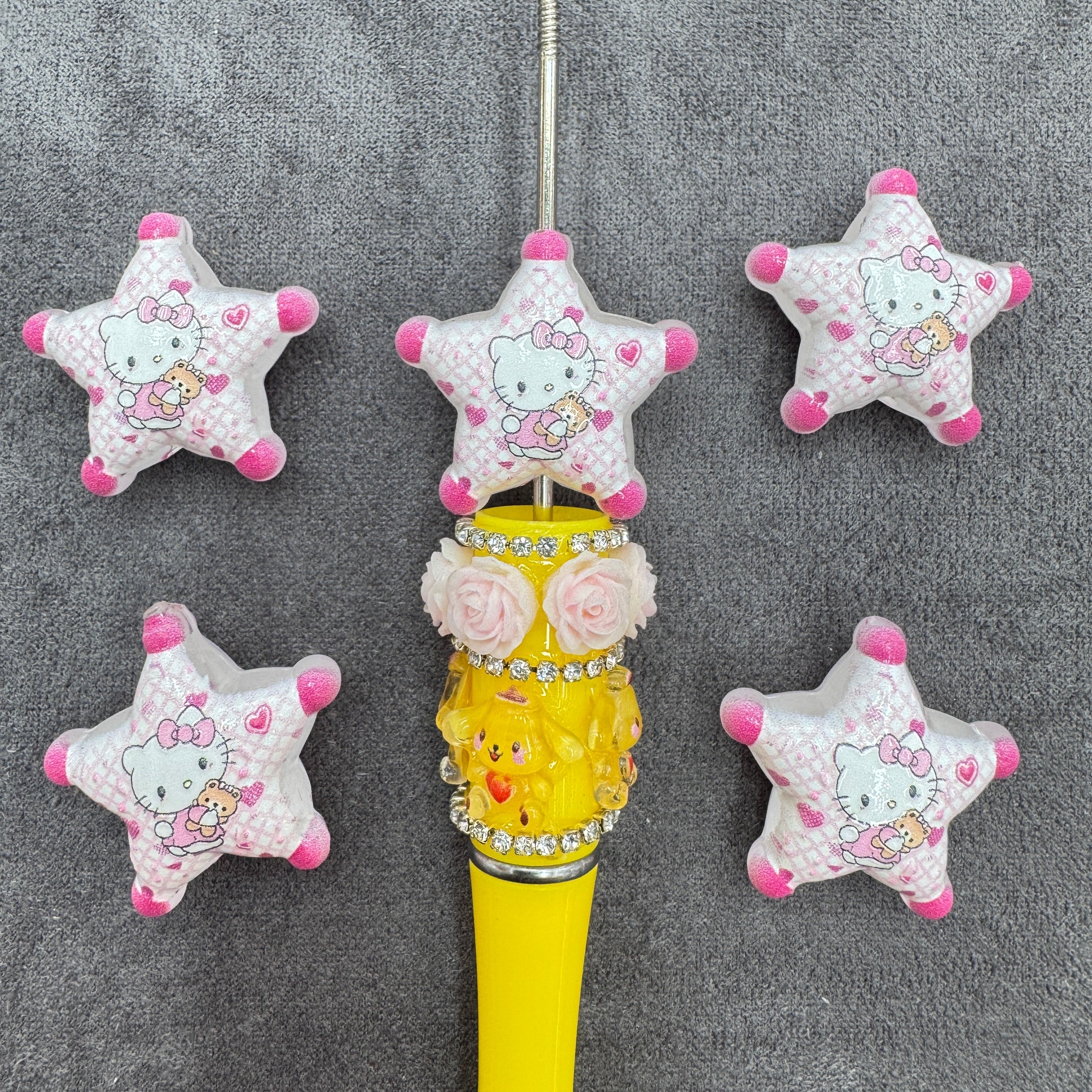 Acrylic Beads Five-Pointed Star with Cute Cat Character Prints, Pink Style