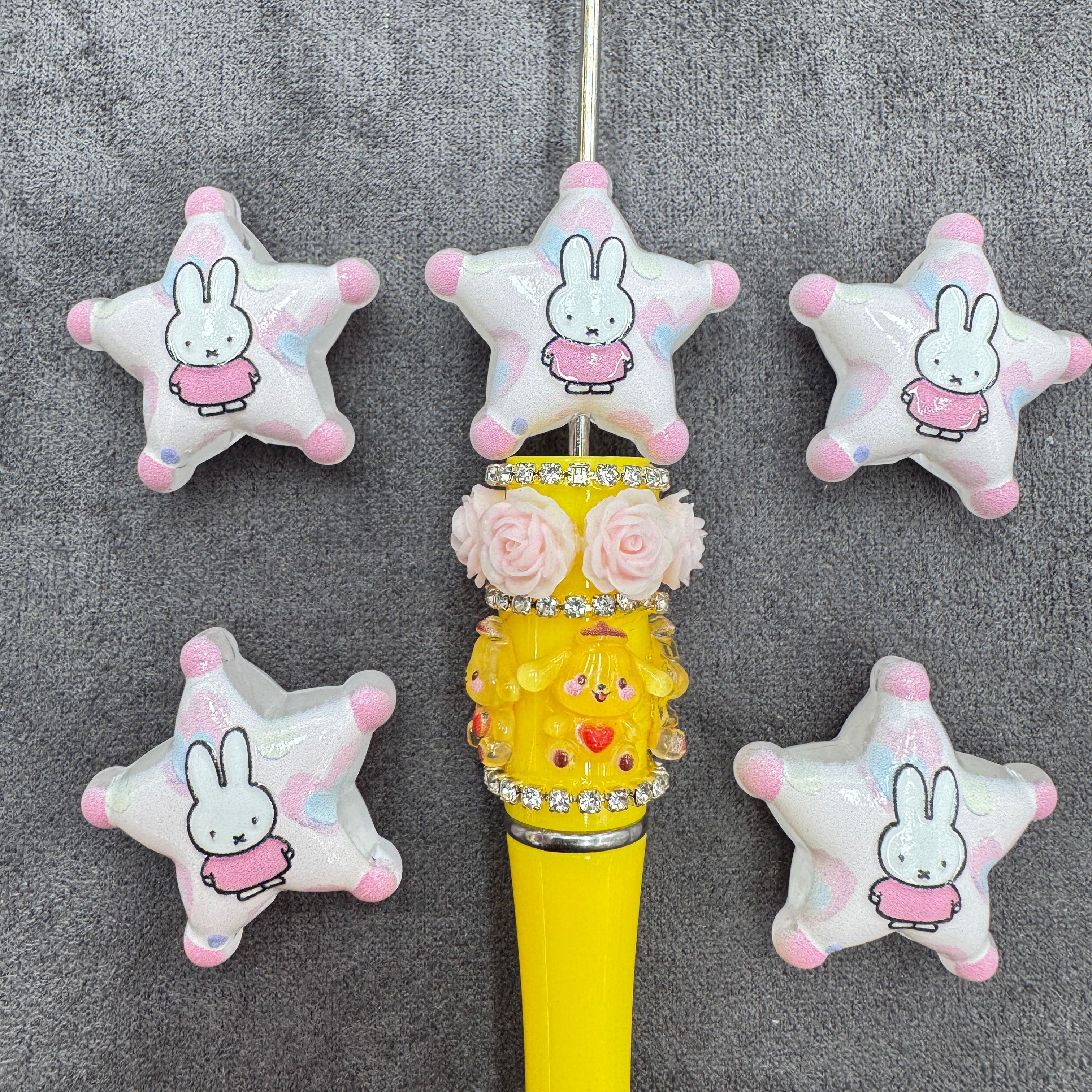 Acrylic Beads Pink Style Five-Pointed Star with Cute Rabbit Character Prints