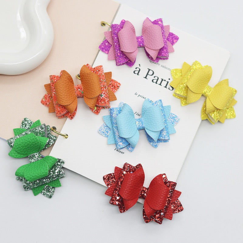 Multi‑Layer Glitter Textured Faux Leather Bow Beads,Multi‑Color