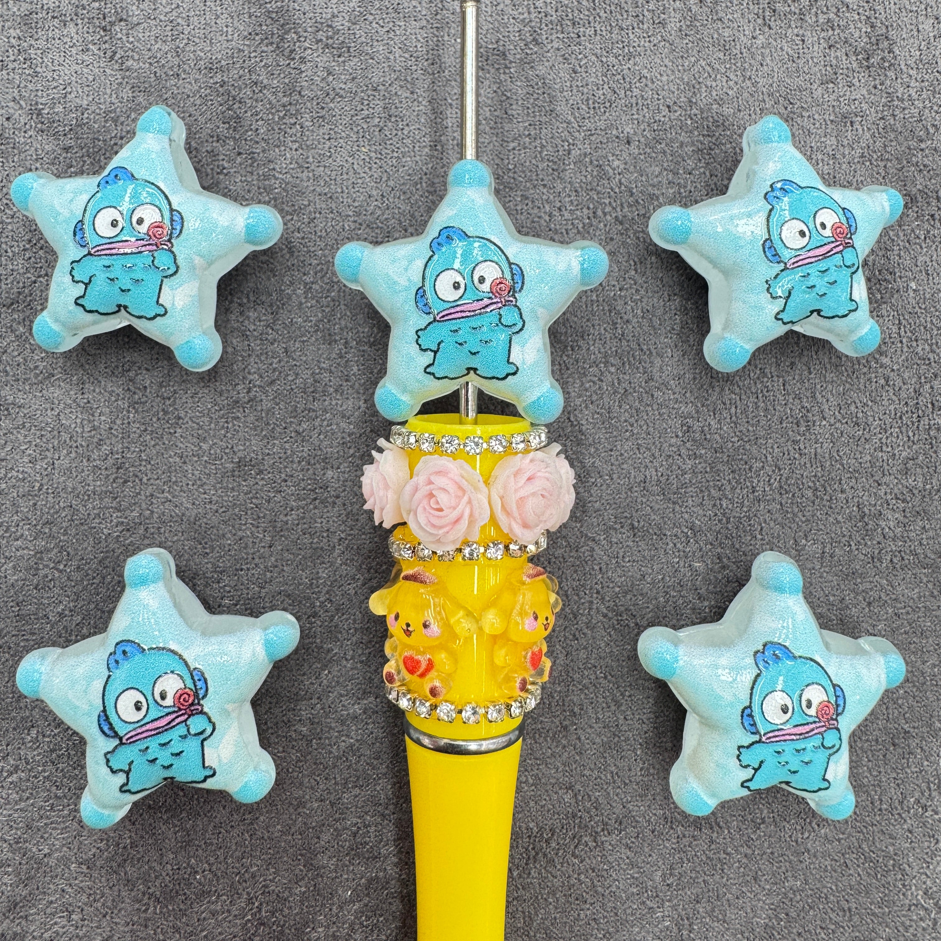 Acrylic Beads Blue Style Five-Pointed Star with Cute Fish‑Man Character Prints