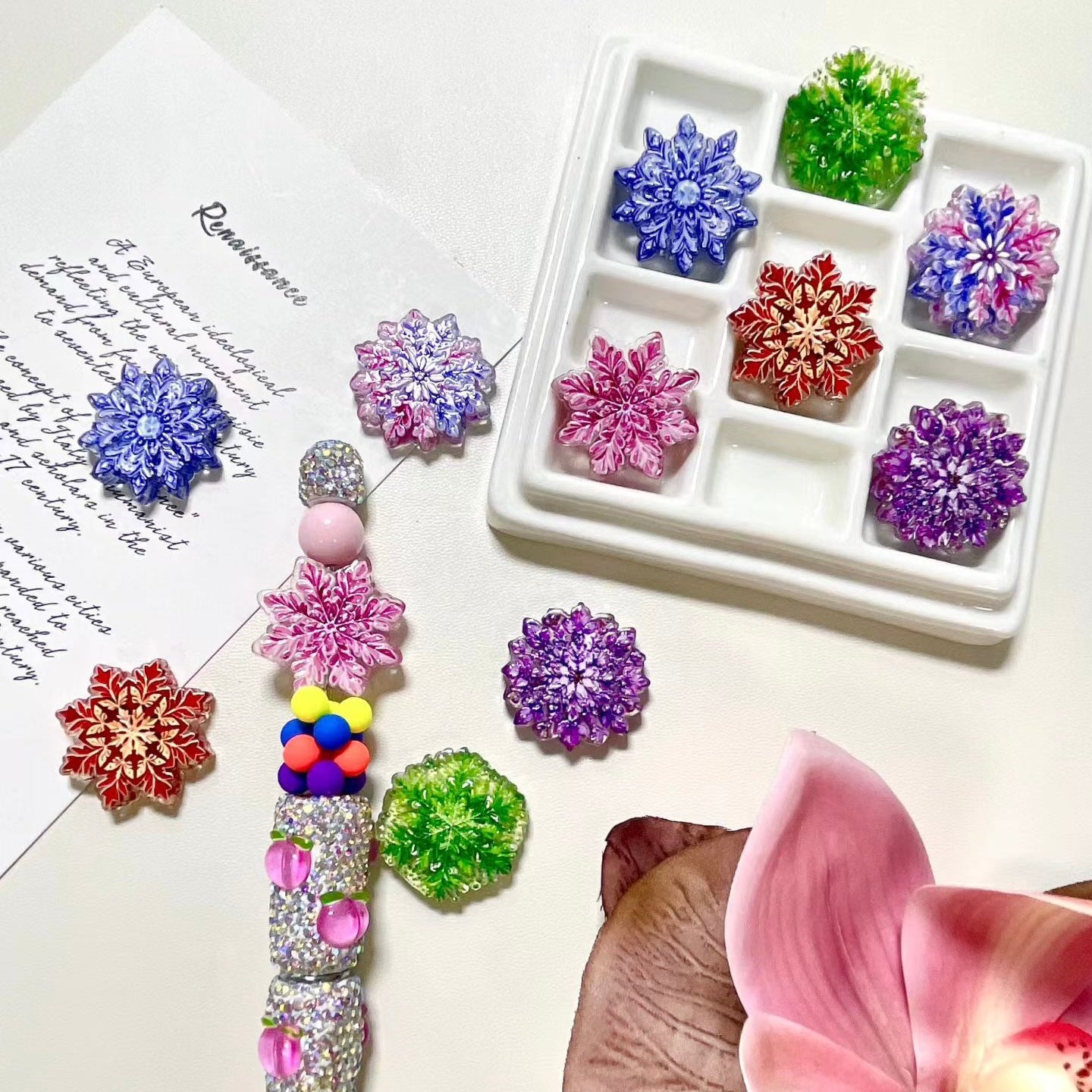 Color Gradient Snowflake Acrylic Focal Beads For Pen Toppers ,Random Mix