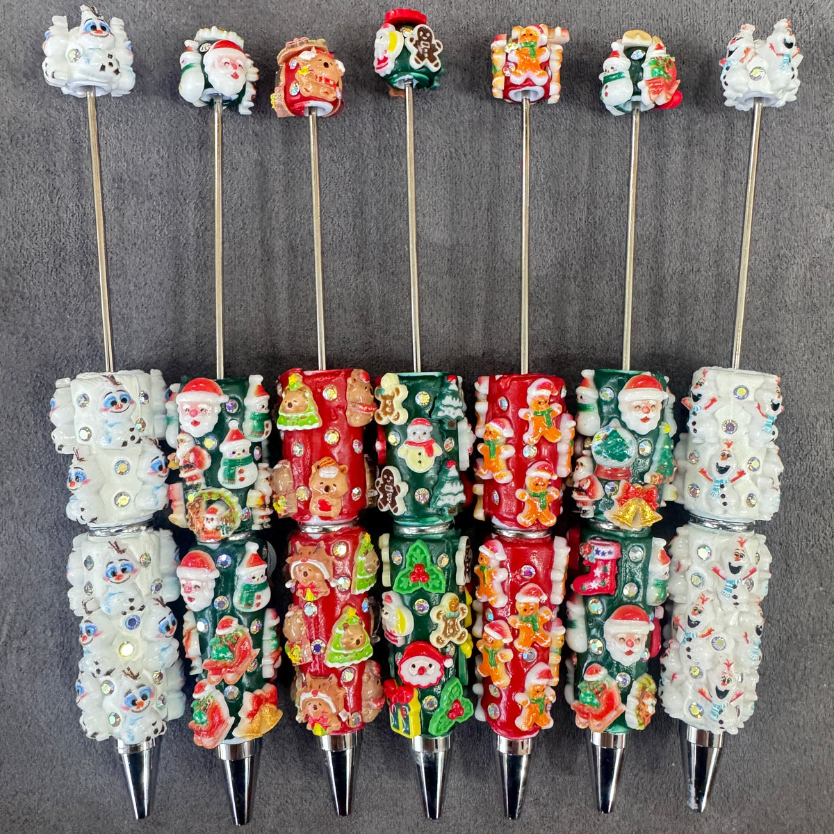 Beadable Clay Pens with Christmas Ornaments and AB Rhinestones, Red Green and White