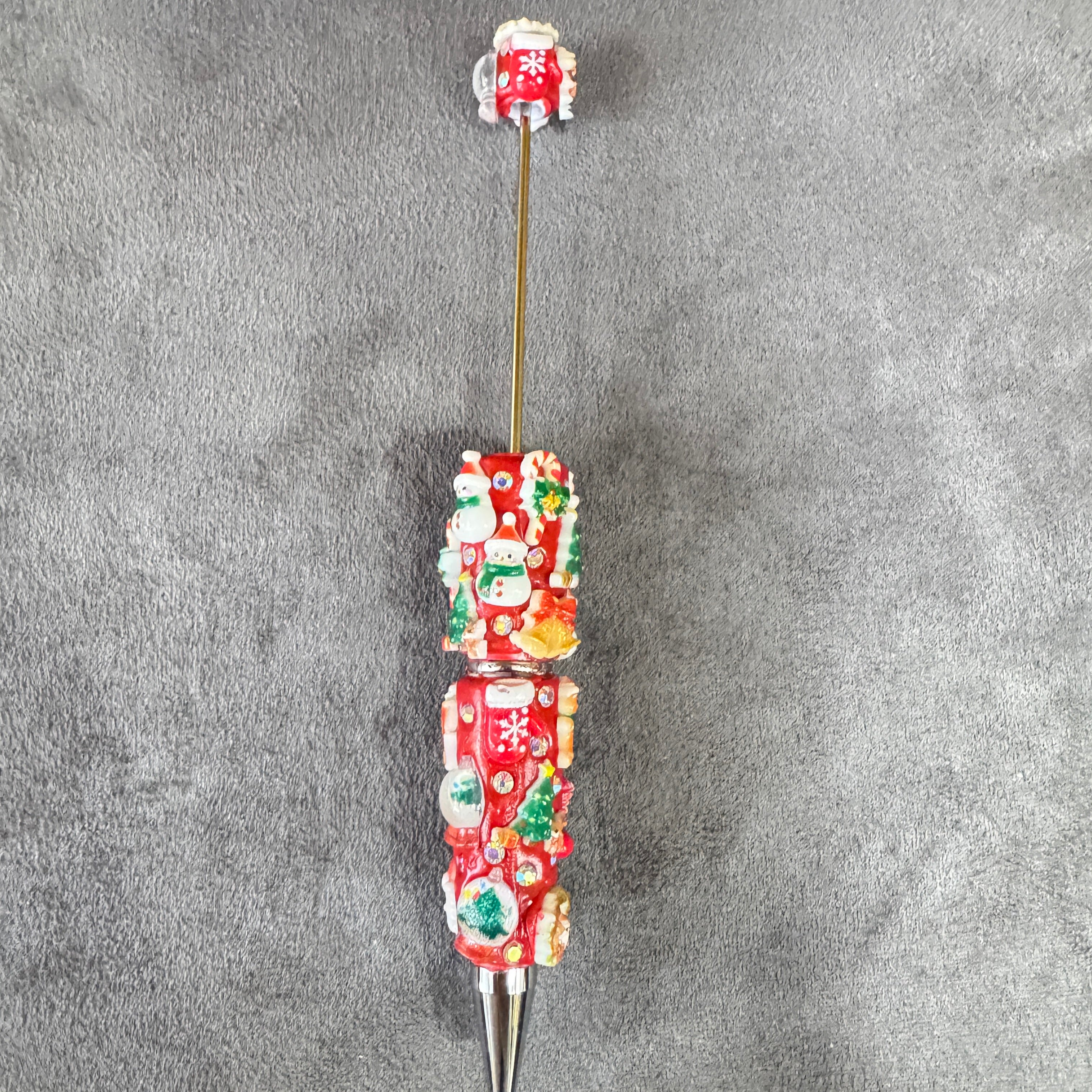 Beadable Clay Pens with Christmas Ornaments and AB Rhinestones, Red Green and White