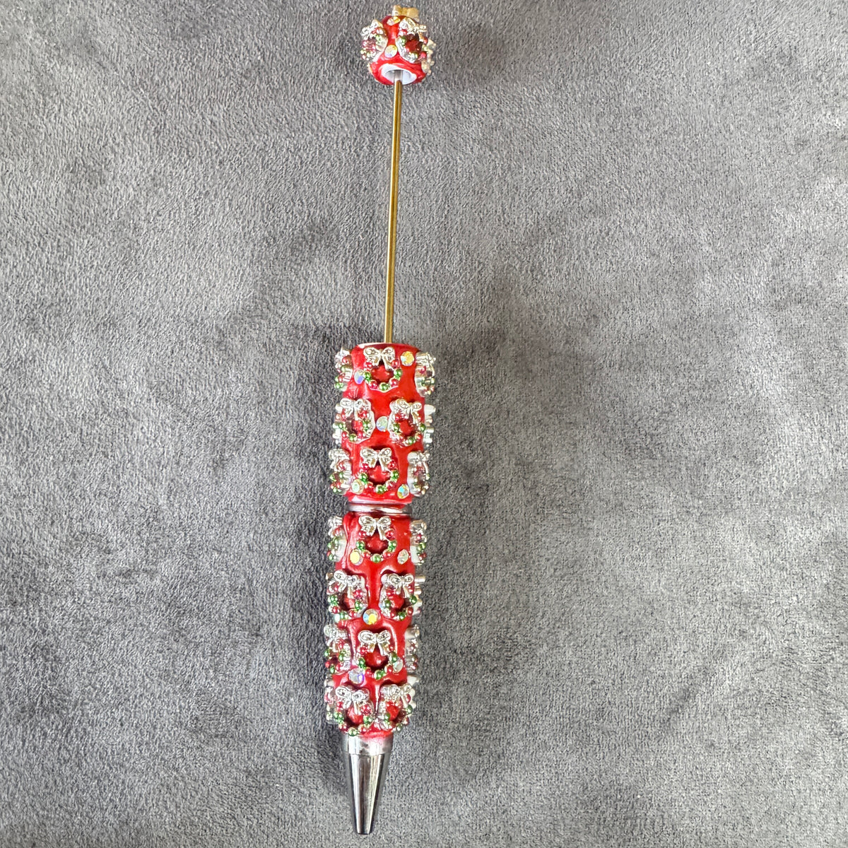 Beadable Clay Pens with Christmas Ornaments and AB Rhinestones, Red Green and White