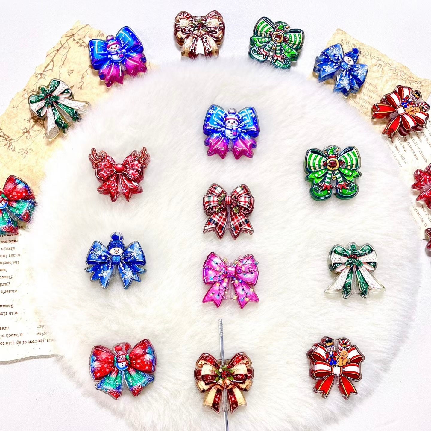 Christmas Theme Bow Knot Acrylic Focal Beads For Pen Toppers Random Mix
