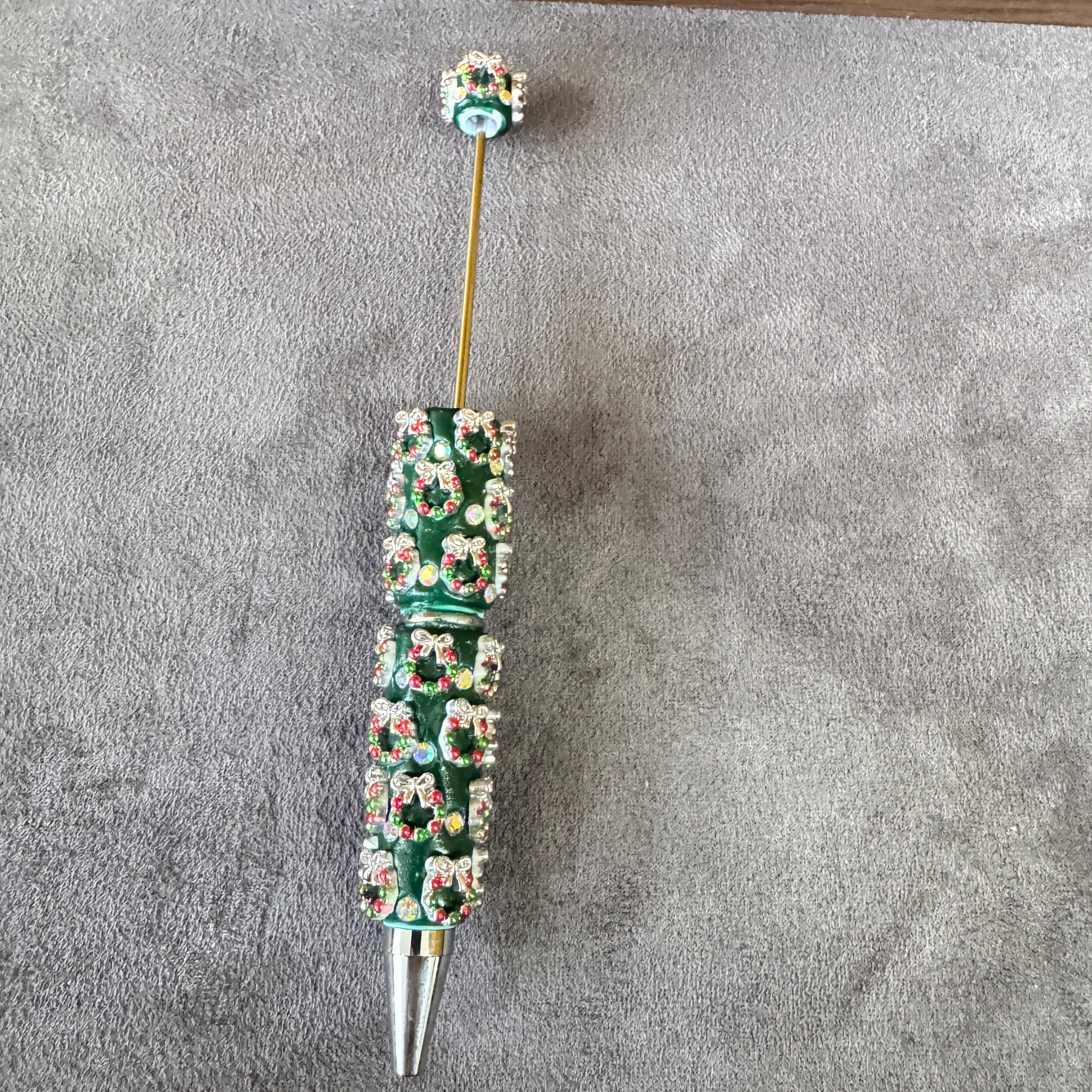 Beadable Clay Pens with Christmas Ornaments and AB Rhinestones, Red Green and White