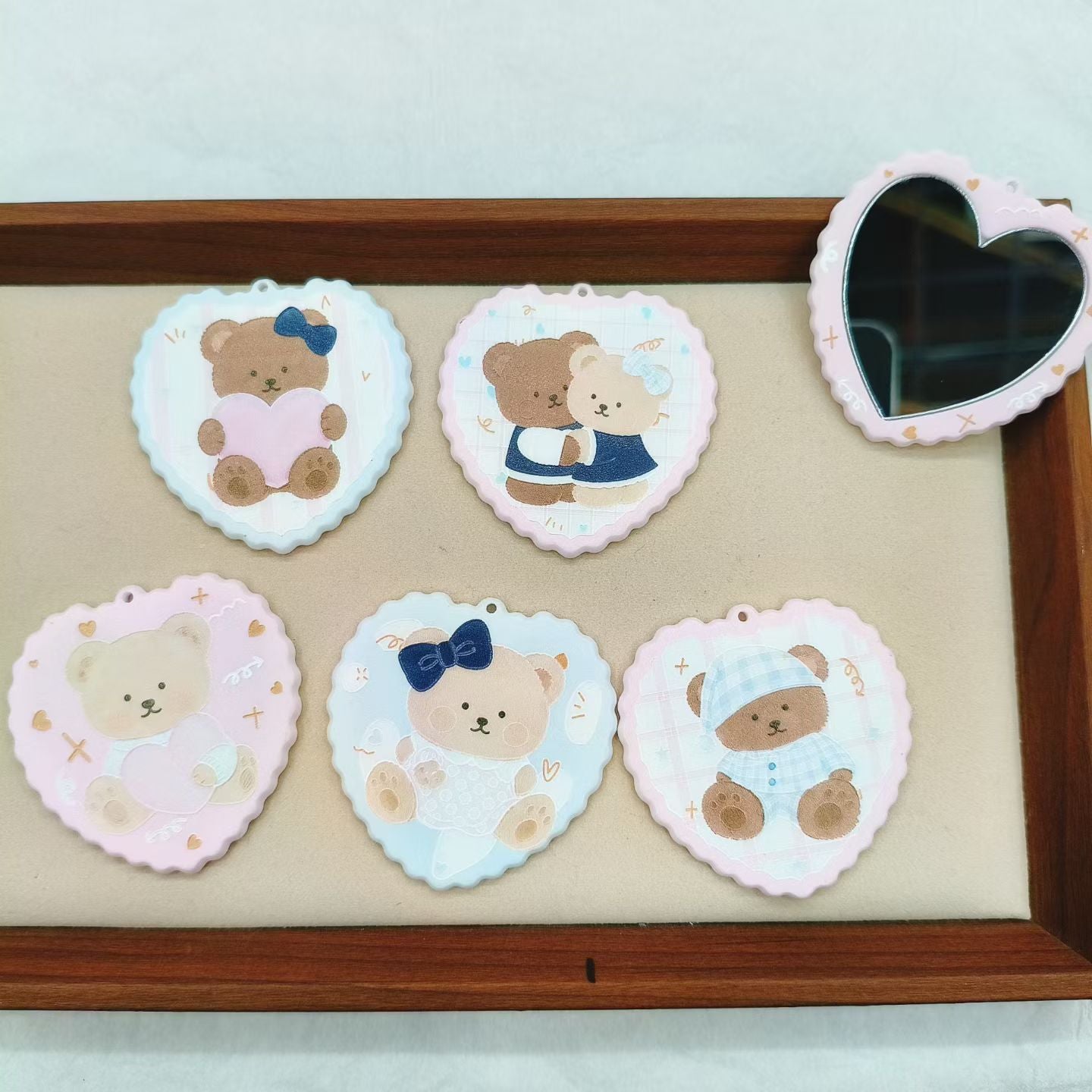 Cute Pastel Bear Heart‑Shaped Acrylic Mirror Charms,For Keychain,Random Mix