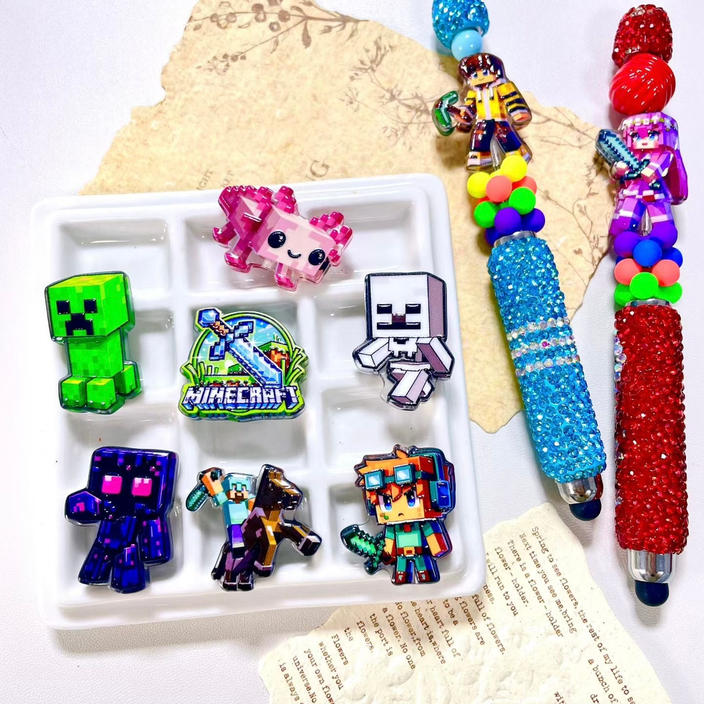 Mine craft Game Cartoon Acrylic Focal Beads For Pen Toppers ,Random Mix