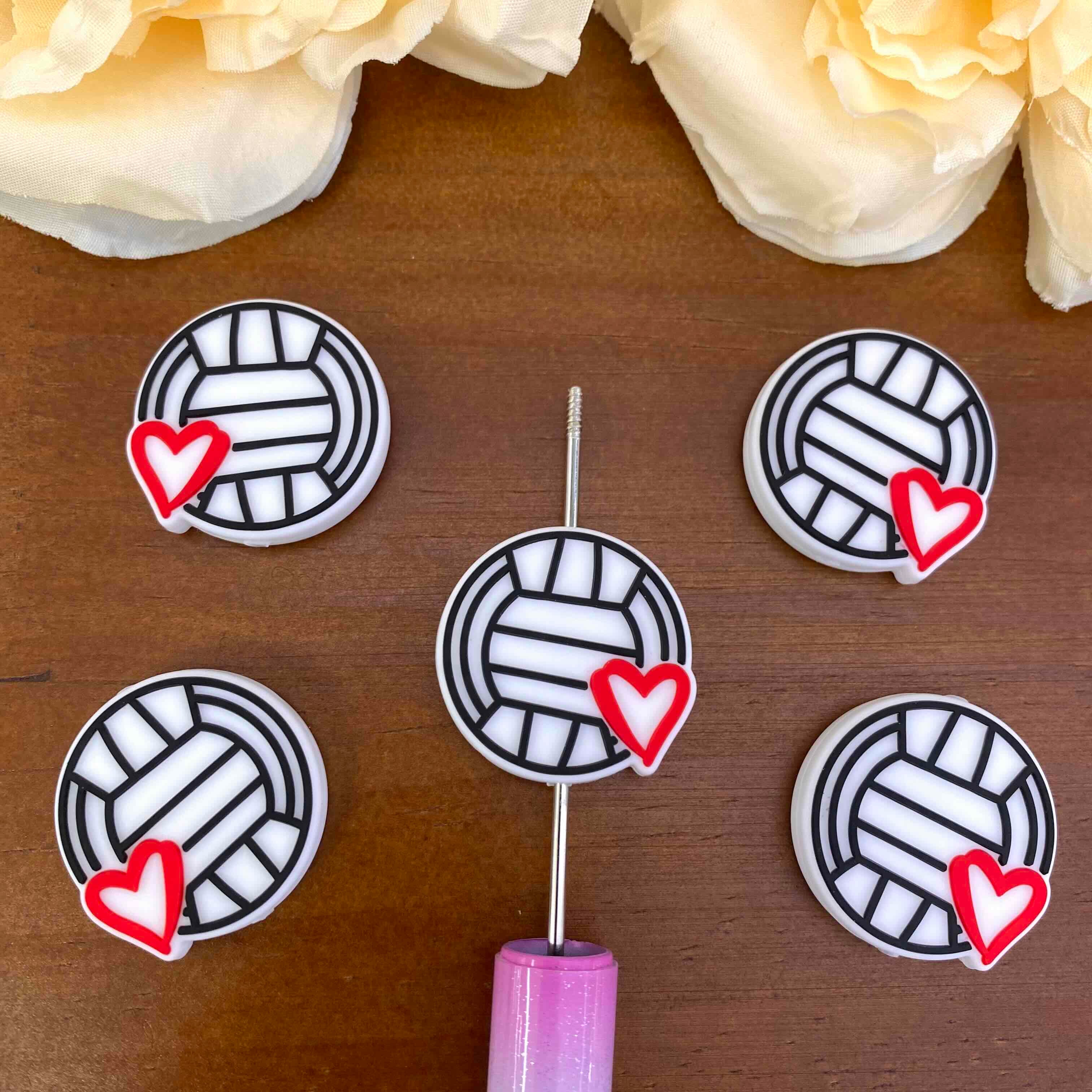 FS20619-Volleyball Heart Flat Silicone Focal Beads