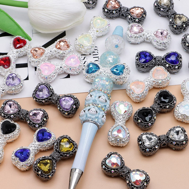 Bow Rhinestone Metal Beads Hollow Bowtie with Bling Bling Heart Diamond,About 16×35×13mm,Random Mix