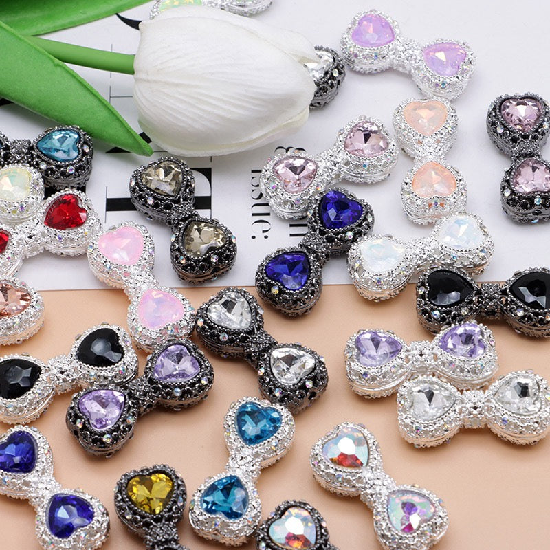 Bow Rhinestone Metal Beads Hollow Bowtie with Bling Bling Heart Diamond,About 16×35×13mm,Random Mix
