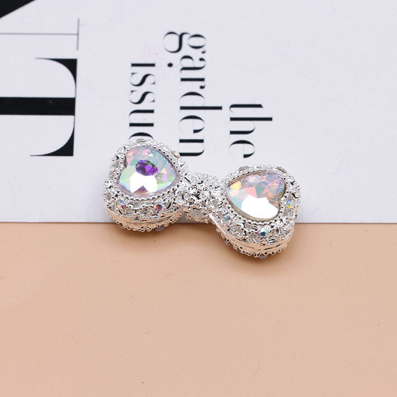 Bow Rhinestone Metal Beads Hollow Bowtie with Bling Bling Heart Diamond,About 16×35×13mm,Random Mix