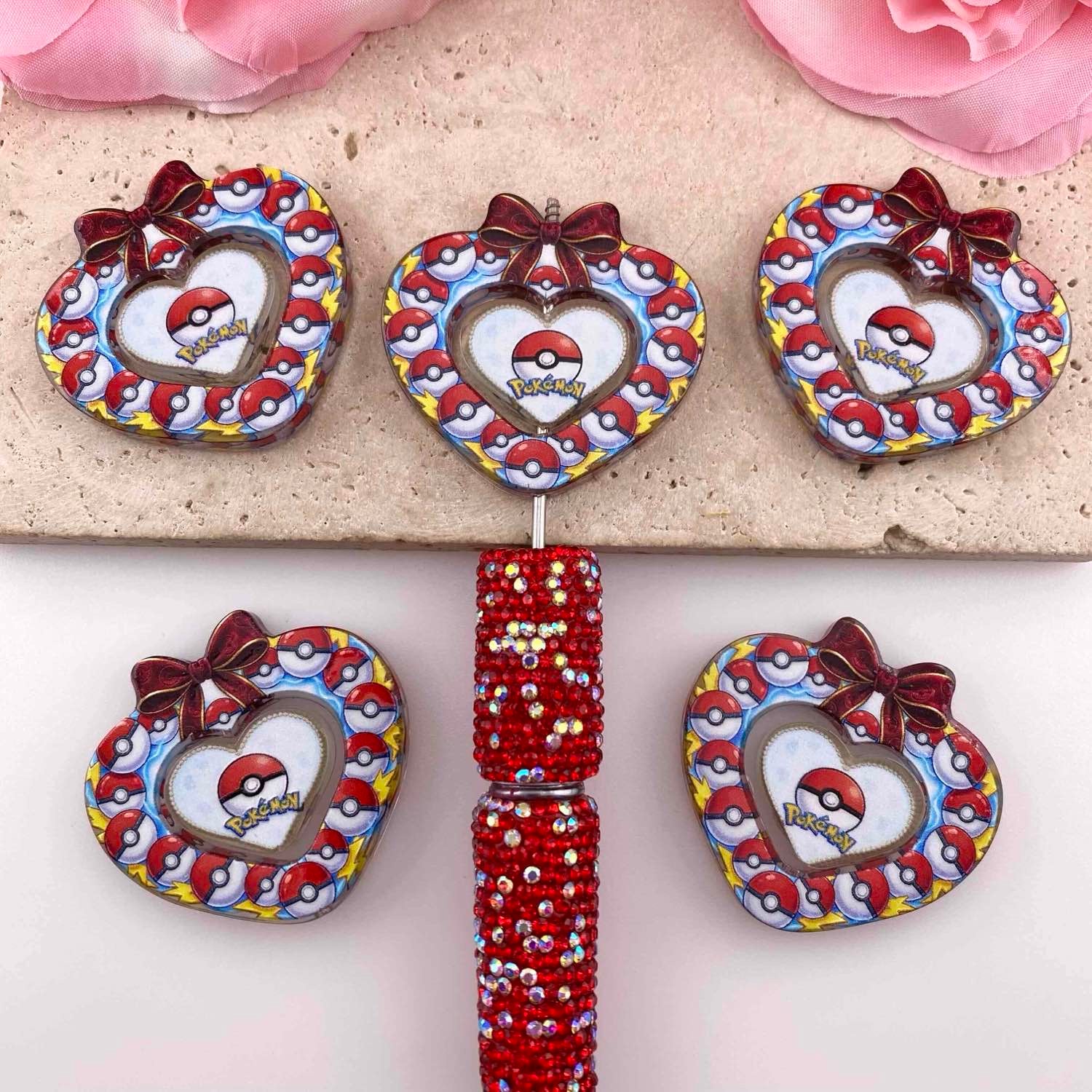 Pokemon Pokeball Heart Acrylic Beads Bow and Decoration, For Pen Toppers,Random Mix
