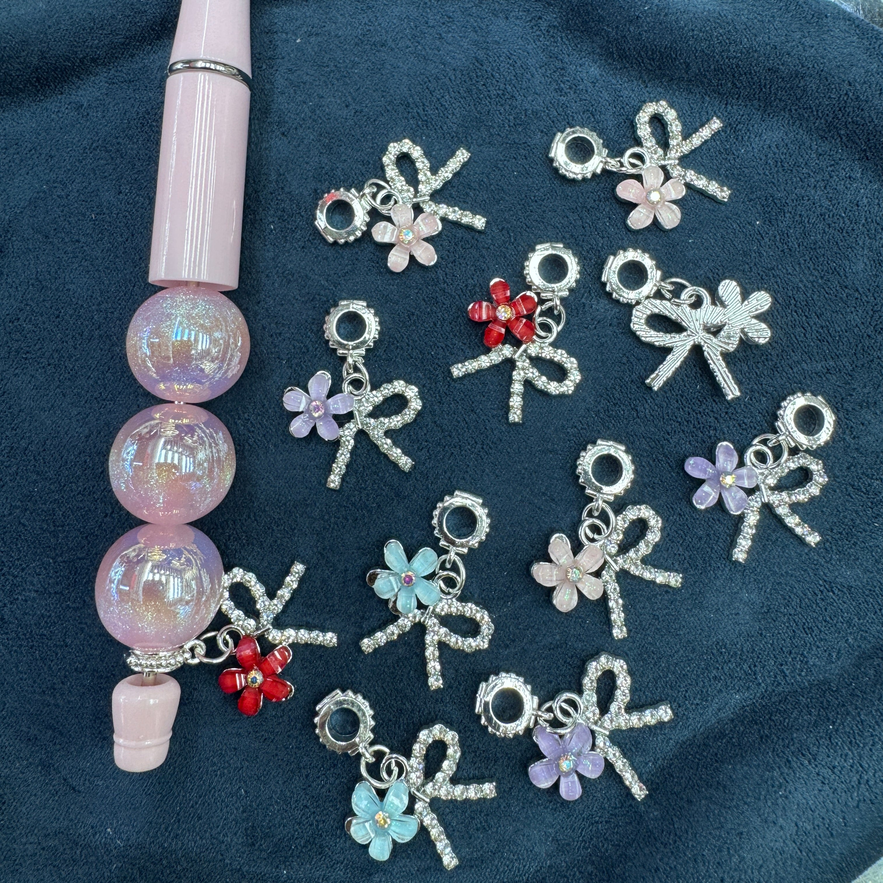 Shiny Silver Rhinestone Bow Enamel Flower Shaped Alloy Charms For  Pen Toppers,Random Mix