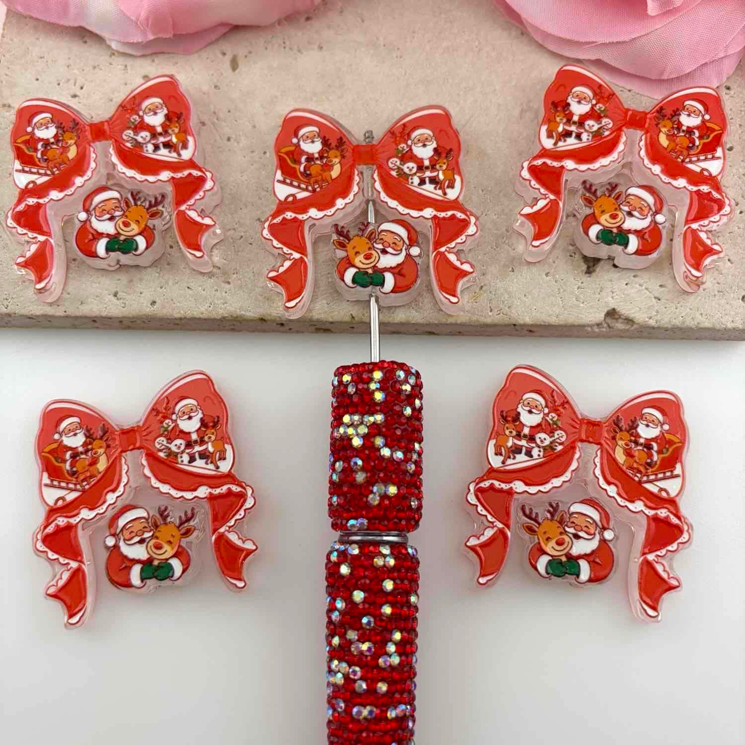 Christmas Santa Reindeer Acrylic Beads Bow and Decoration, For Pen Toppers,Random Mix