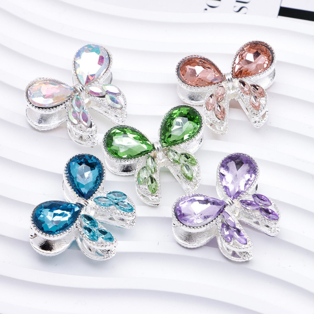 Silver Metal Beads with Delicate Fancy Bowtie and Colorful Shiny Rhinestones 26×21×14mm