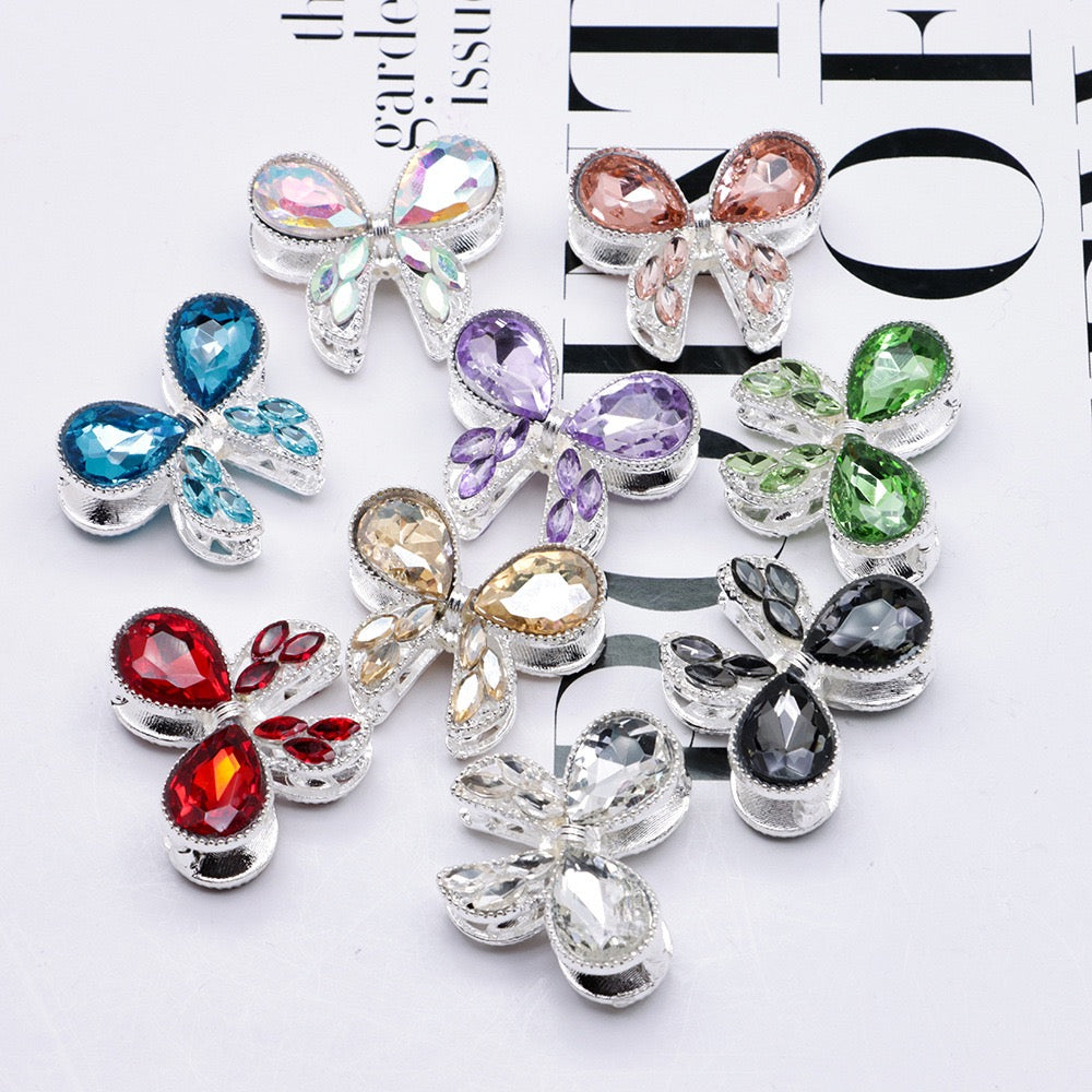 Silver Metal Beads with Delicate Fancy Bowtie and Colorful Shiny Rhinestones 26×21×14mm