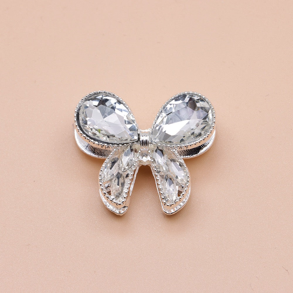 Silver Metal Beads with Delicate Fancy Bowtie and Colorful Shiny Rhinestones 26×21×14mm
