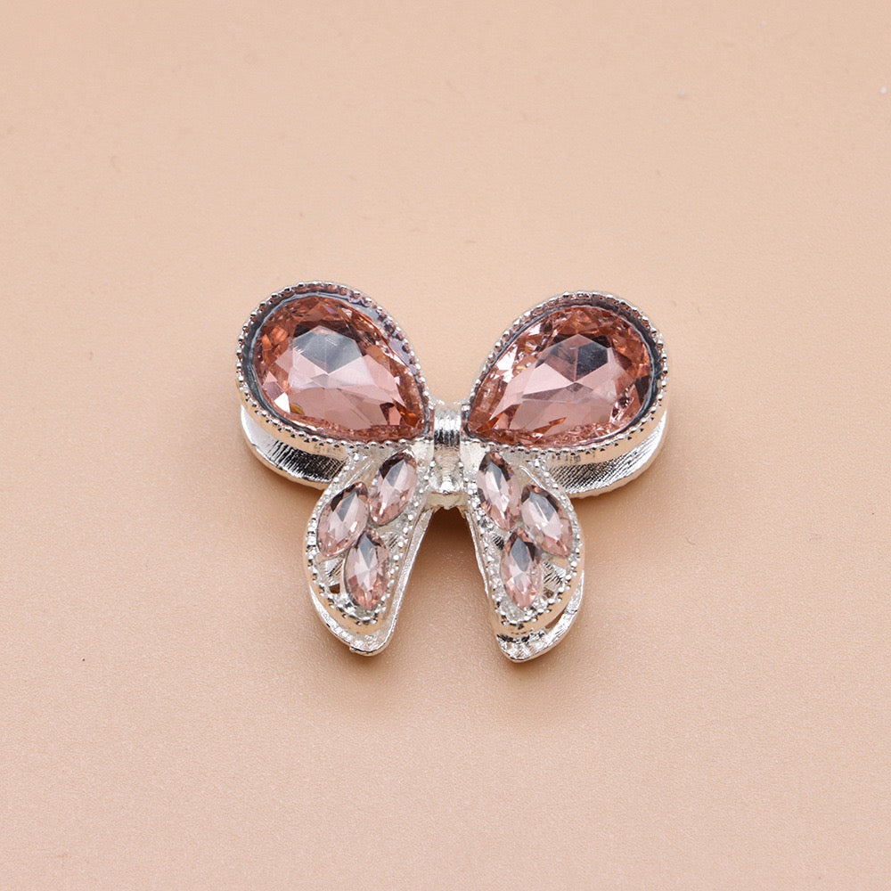 Silver Metal Beads with Delicate Fancy Bowtie and Colorful Shiny Rhinestones 26×21×14mm