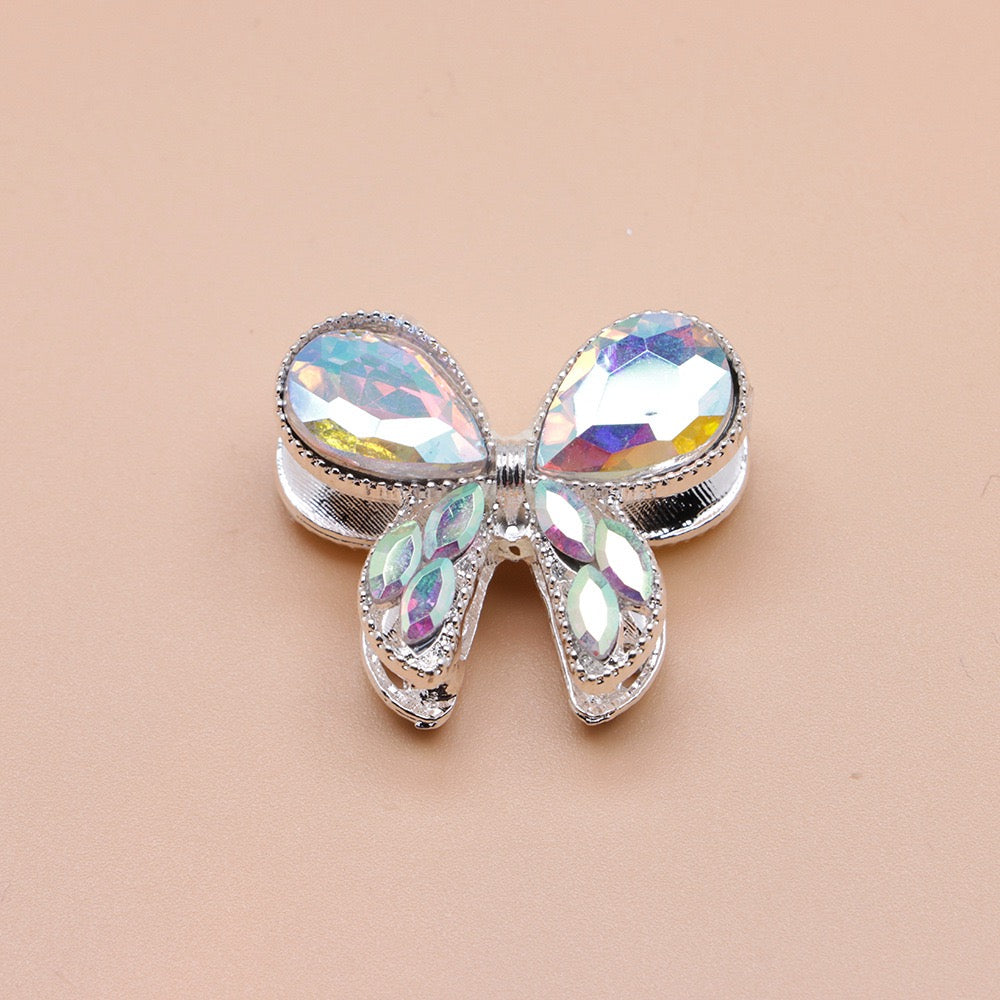 Silver Metal Beads with Delicate Fancy Bowtie and Colorful Shiny Rhinestones 26×21×14mm
