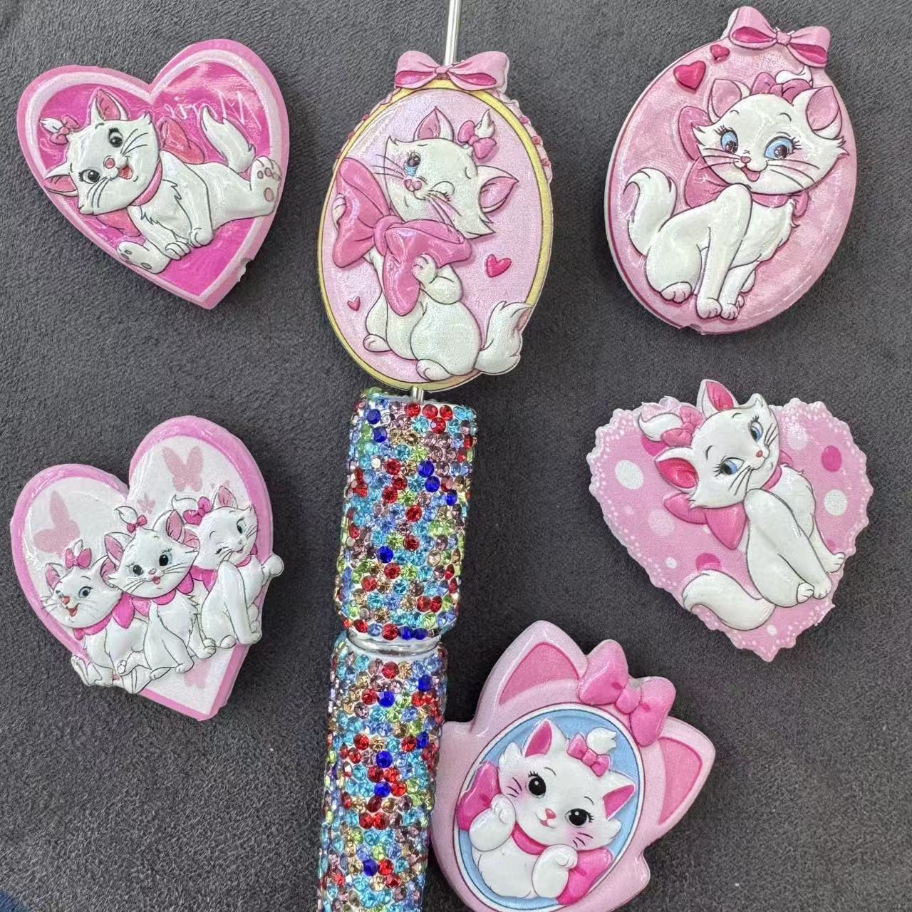Acrylic Beads with Raised Embossed Marie Cat Character Pink Series Random Mix For Pen Topper