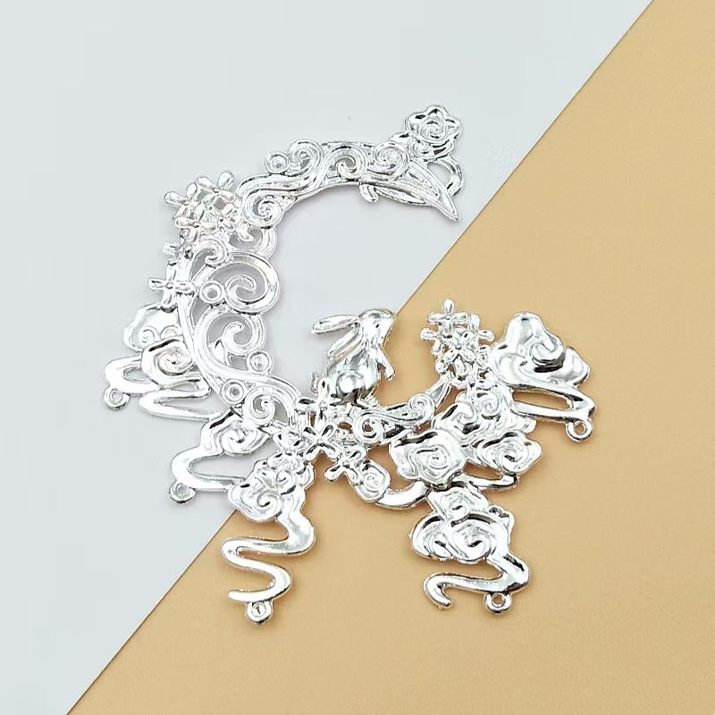 FS5285- 85mm Flower And Rabbit Moon Metal Charms Left 2 + Right 2 Rabbit Moon Metal Patches