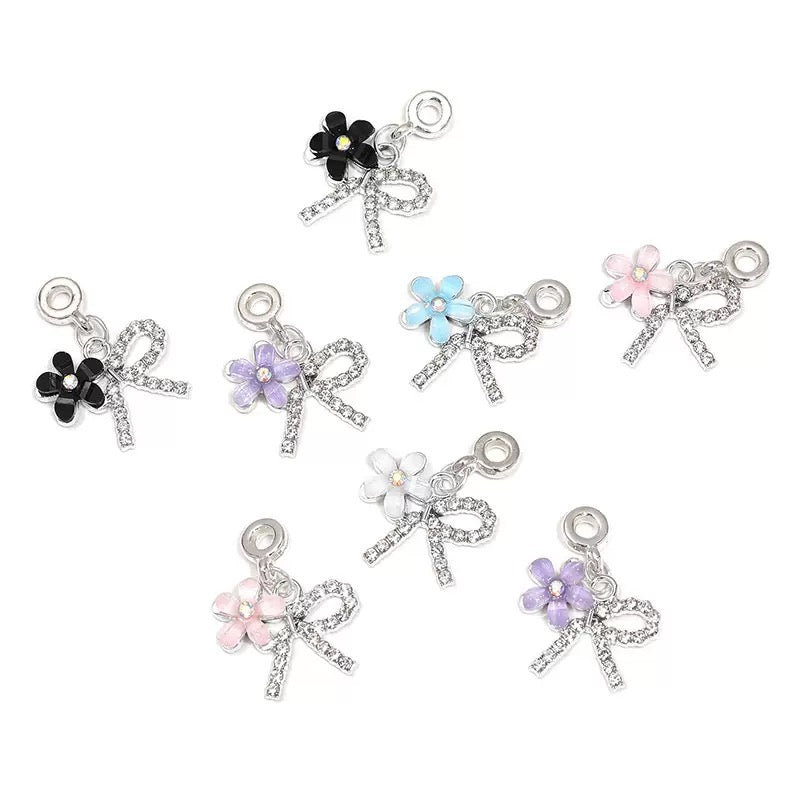 Shiny Silver Rhinestone Bow Enamel Flower Shaped Alloy Charms For  Pen Toppers,Random Mix